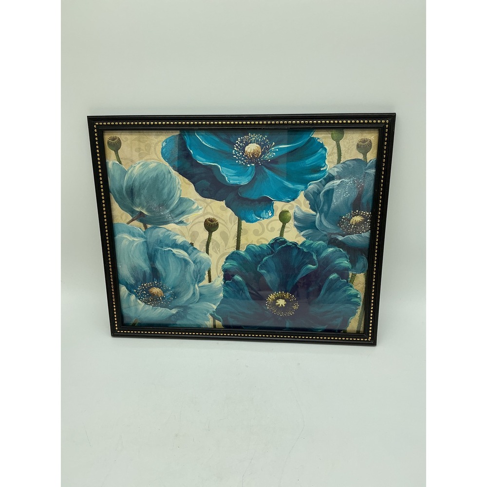 Blue Poppy Floral Art Print Framed Wall Decor Black Gold Beaded Frame 10.5"x8.5"